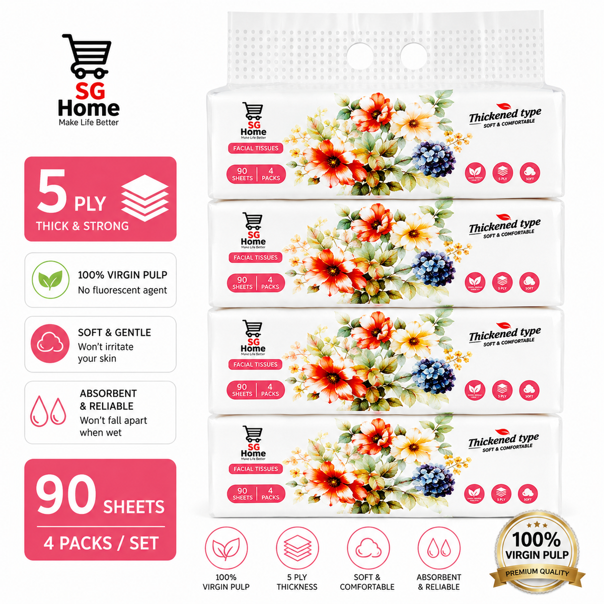 [4 packs] Tissue Paper Soft Packet | Pack Tissues | Tissue Cover Facial Tissue l 100% Virgin Pulp 130 sheets | 3 Ply